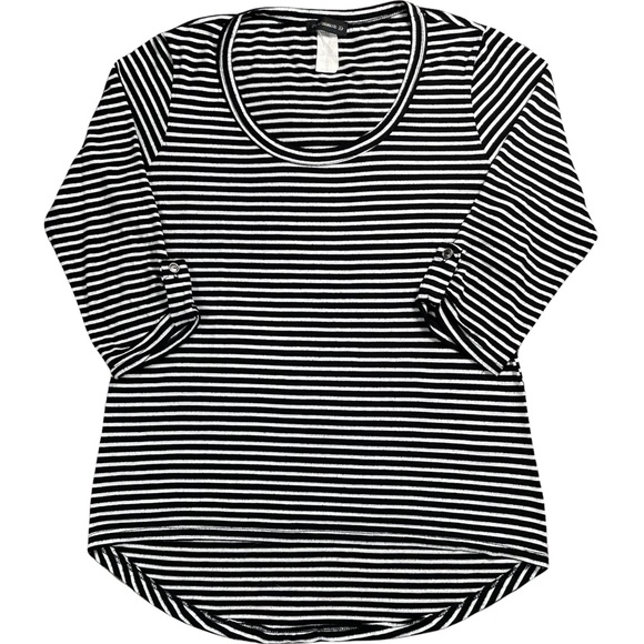 Flashmob size large black/white striped shirt 3/4 sleeve scoop neck curved hem - Picture 1 of 11